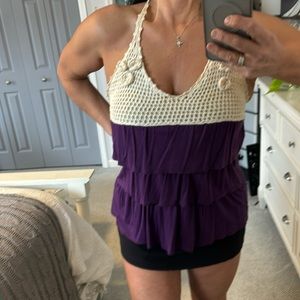 Crocheted halter top. Ivory and purple size M. Bin 8
